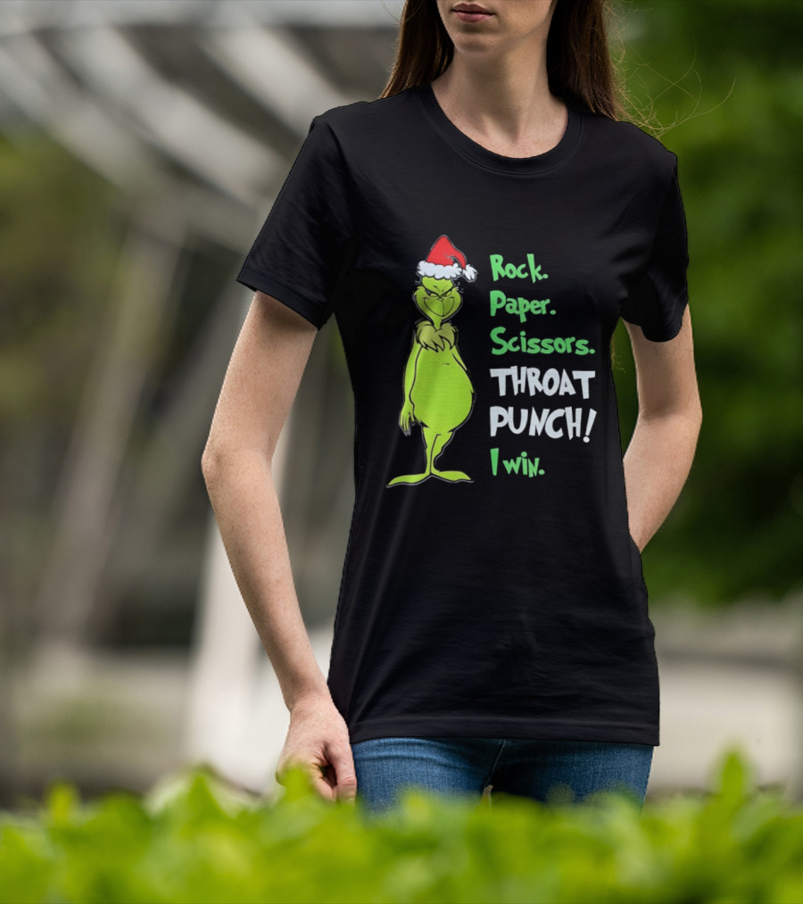 Rock Paper Scissors Throat Punch I Win Grinch With Santa Hat T-Shirt