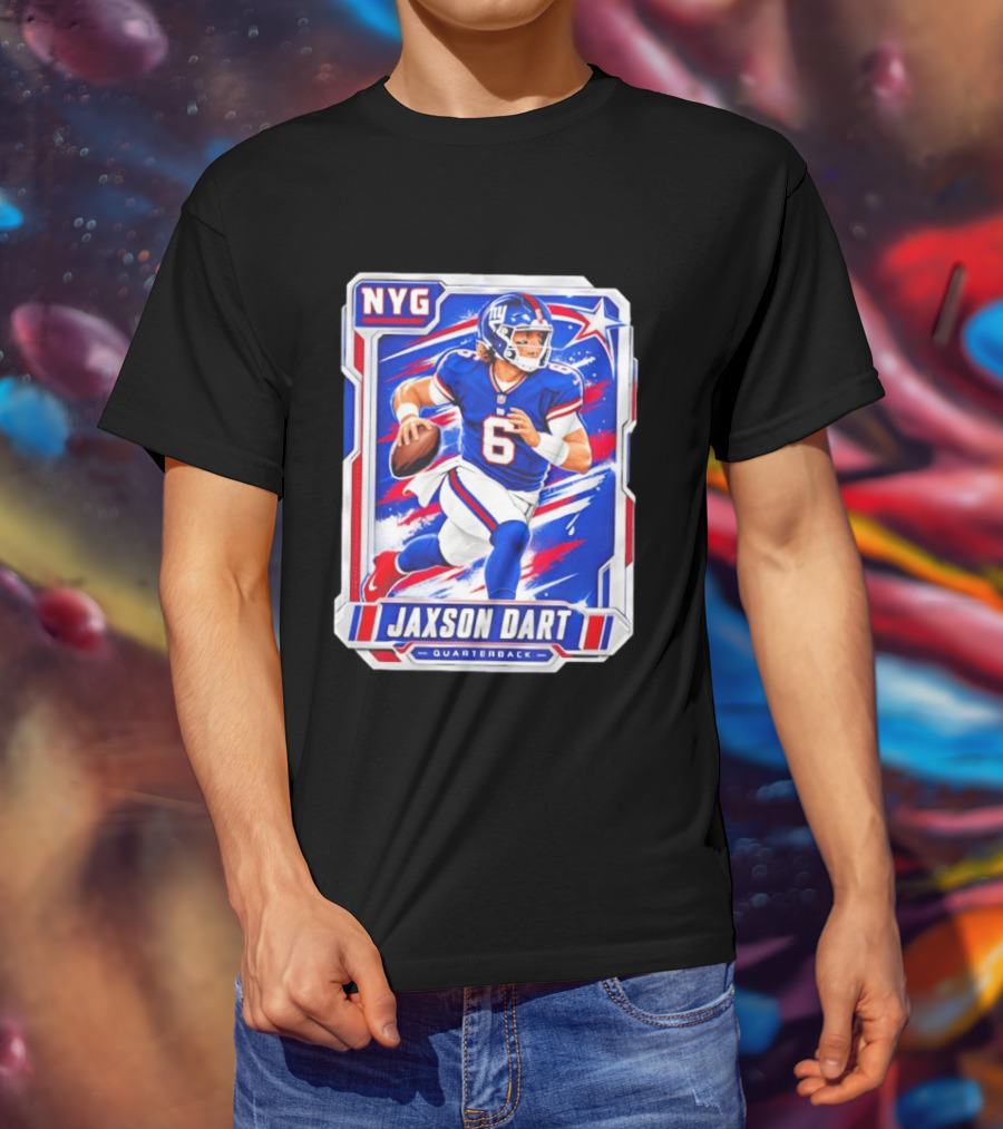NYG Jaxson Dart 2026 Trading Card Blue Jersey Quarterback T-Shirt
