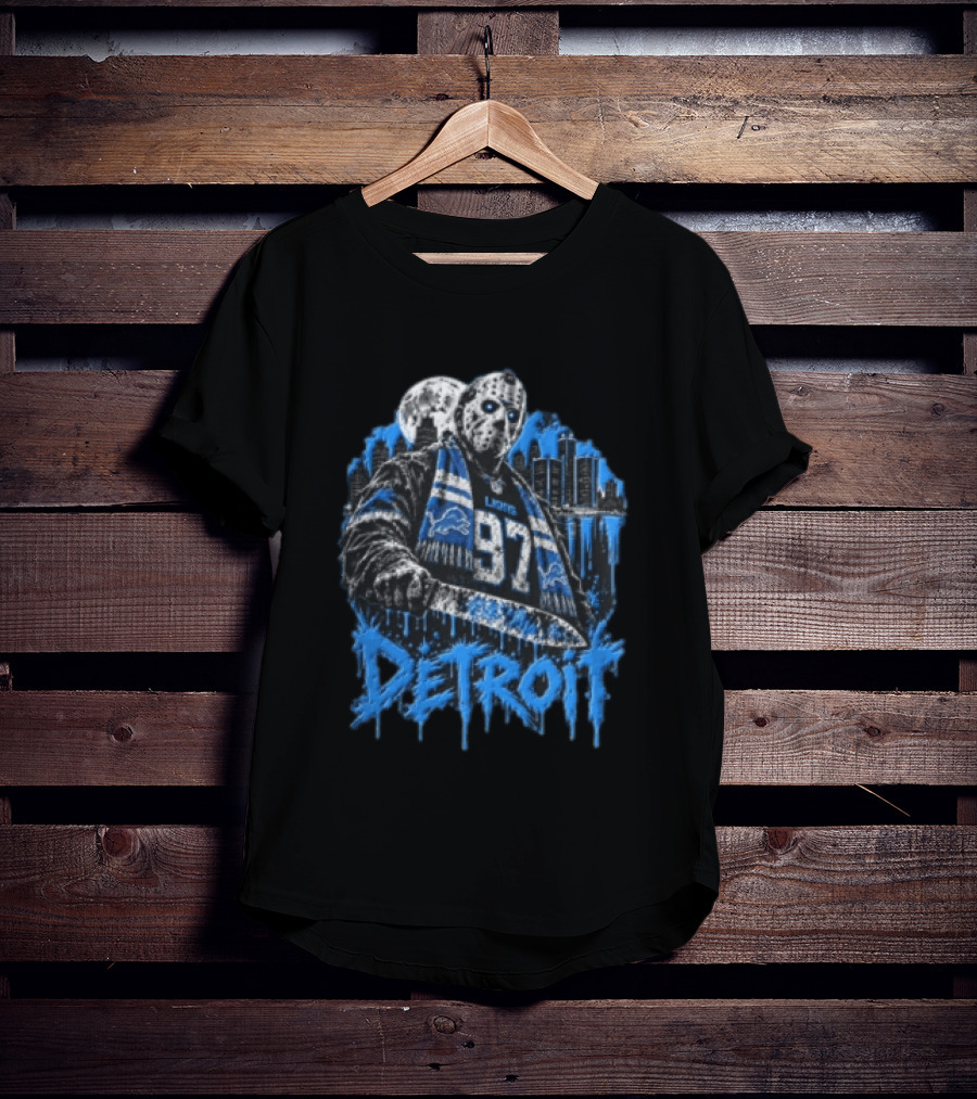 Detroit Lions Aidan Hutchinson 97 Jason Voorhees Knife Detroit Skyline Lions T-Shirt