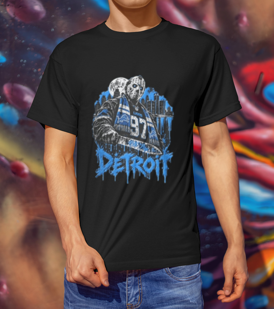 Detroit Lions Aidan Hutchinson 97 Jason Voorhees Knife Detroit Skyline Lions T-Shirt