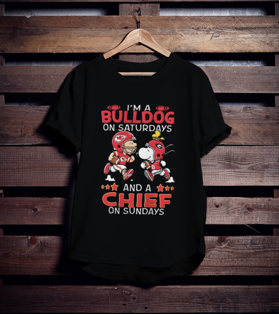 I'm A Bulldog On Saturdays And A Chief On Sundays Charlie Brown Snoopy Woodstock T-Shirt