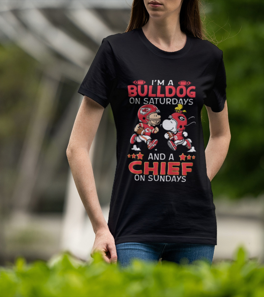 I'm A Bulldog On Saturdays And A Chief On Sundays Charlie Brown Snoopy Woodstock T-Shirt