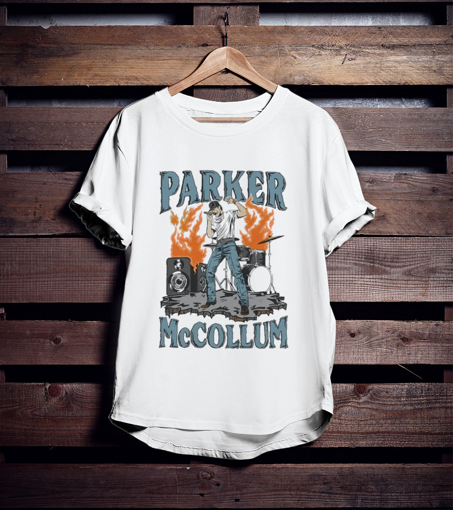 Parker Mccollum Cartoon Flames Concert Scene With Drums And Speakers T-Shirt