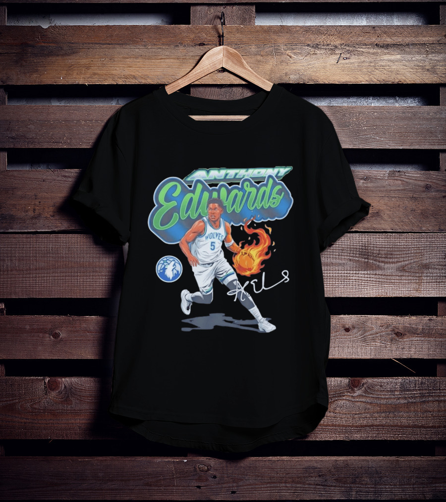 Anthony Edwards Wolves Cursive Script Basketball Flame Edit T-Shirt