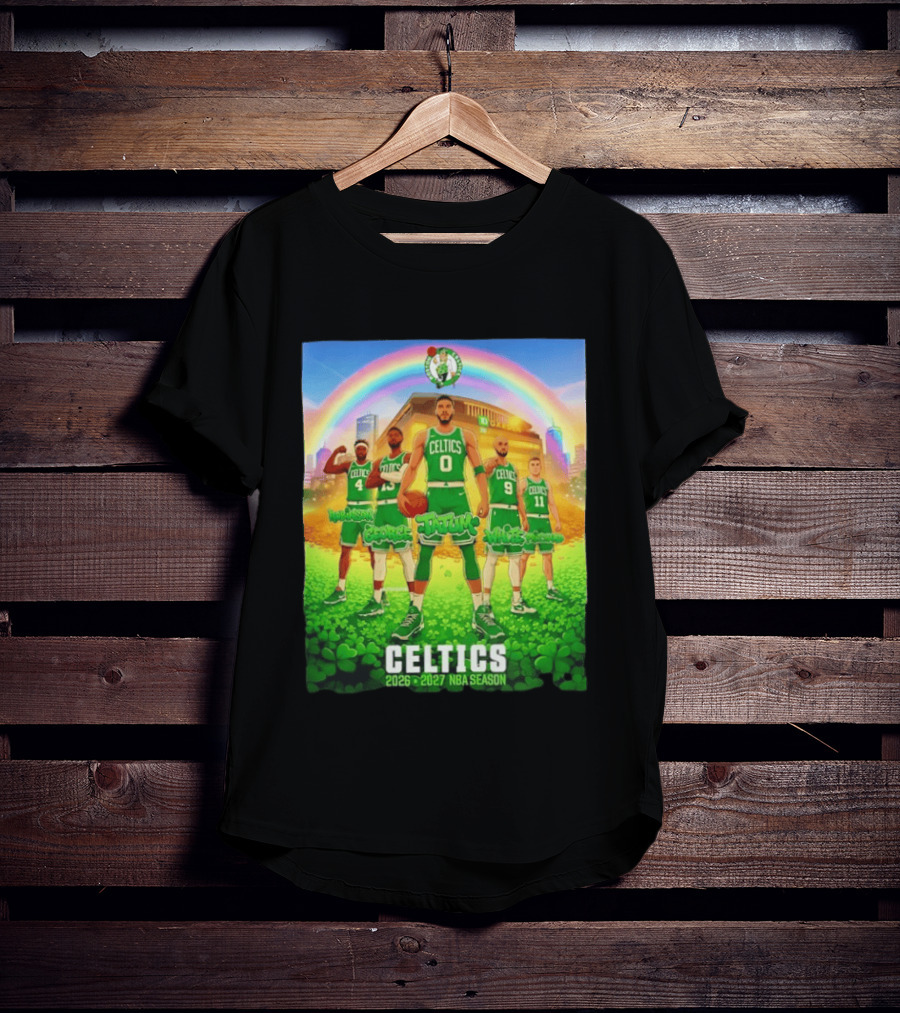 Boston Celtics 2026 2027 NBA Season Tatum George White Robinson Pritchard Basketball Team Players Under Rainbow Scene T-Shirt
