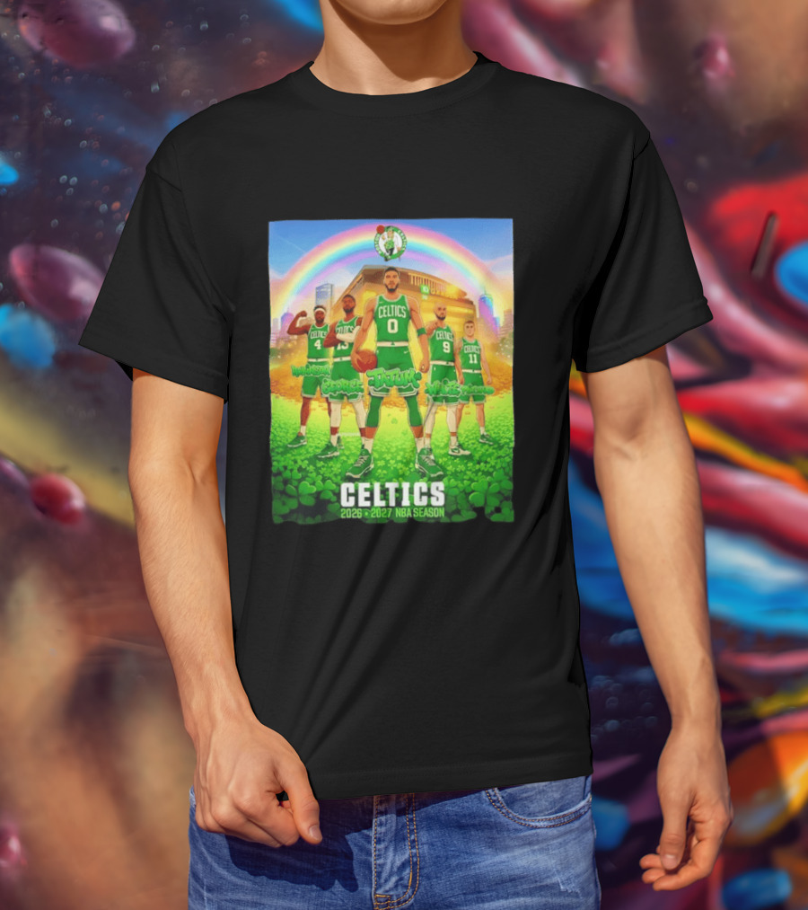 Boston Celtics 2026 2027 NBA Season Tatum George White Robinson Pritchard Basketball Team Players Under Rainbow Scene T-Shirt