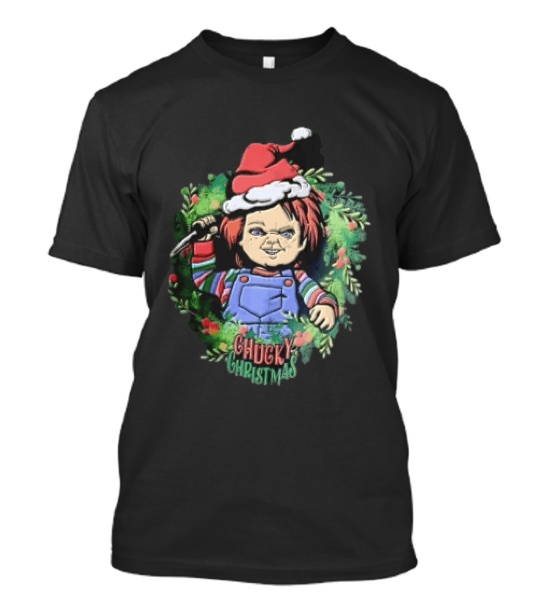 Chucky Christmas Doll Holding Knife In Festive Wreath With Santa Hat T-Shirt