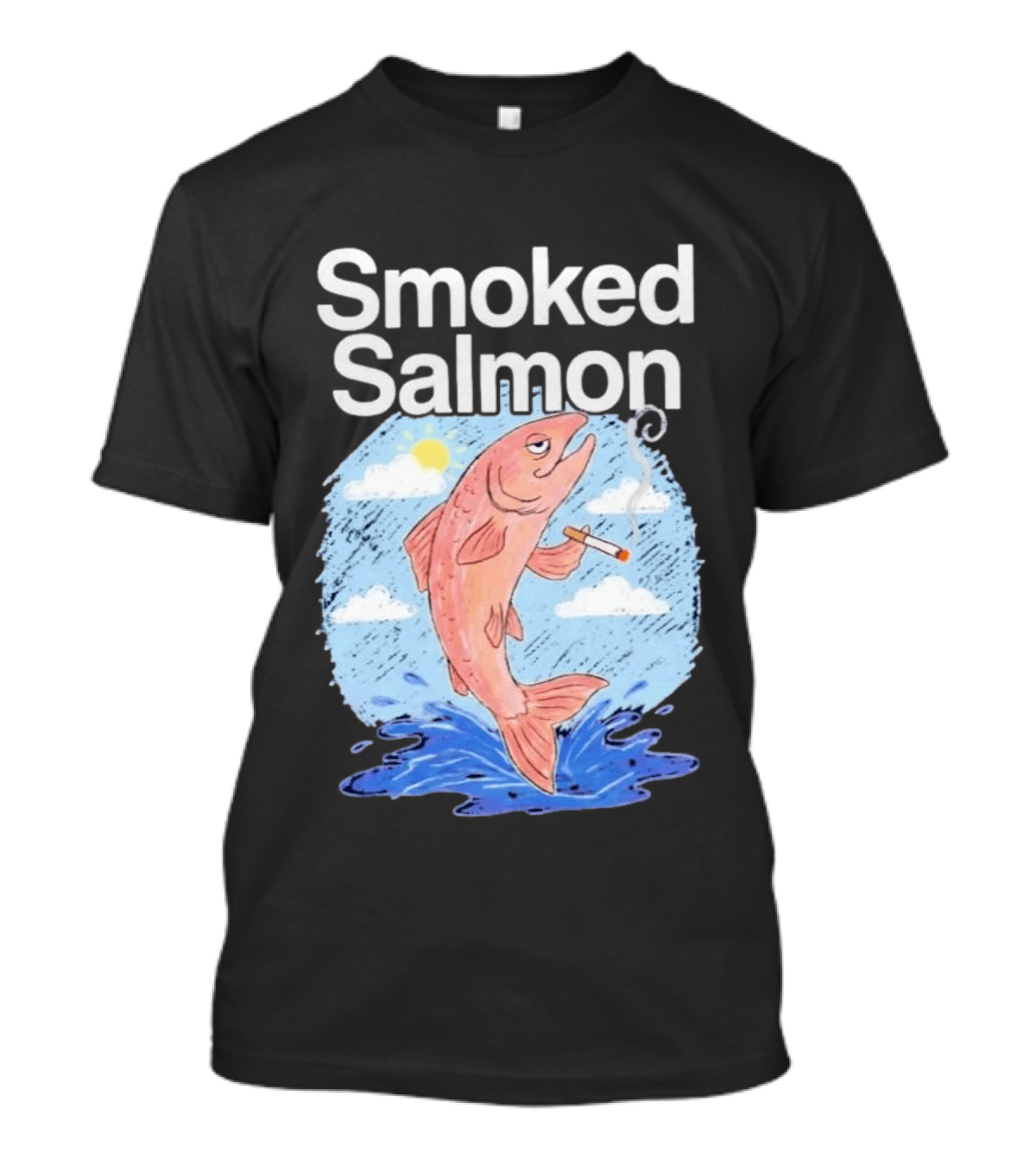 Smoked Salmon Smoking Fish Humorous Cartoon Design With Cloud And Water T-Shirt