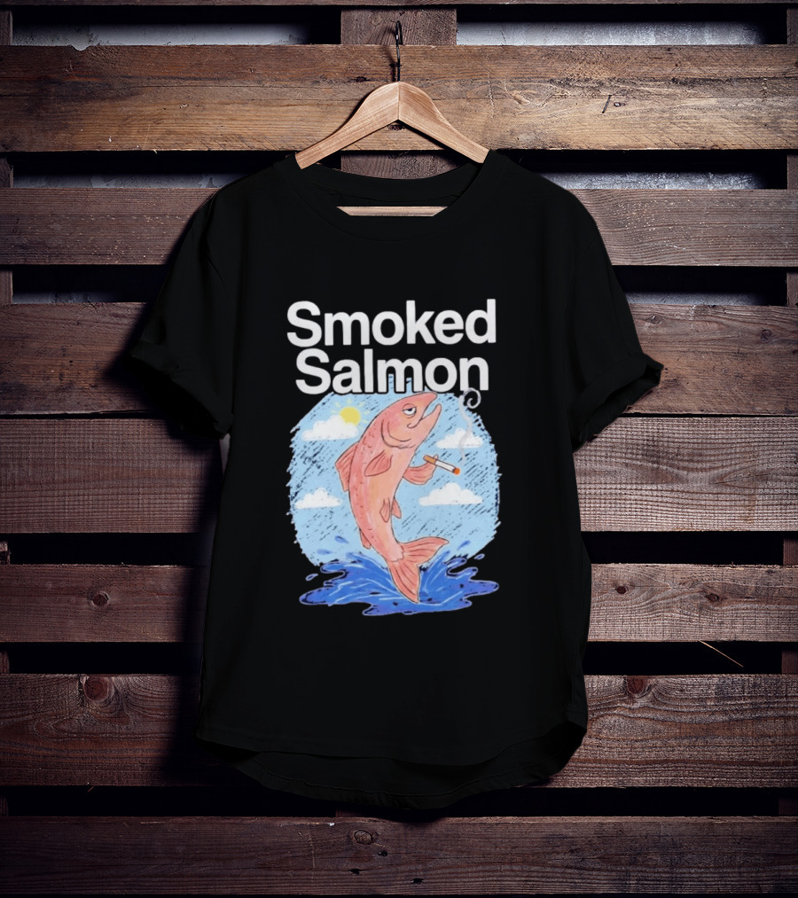 Smoked Salmon Smoking Fish Humorous Cartoon Design With Cloud And Water T-Shirt