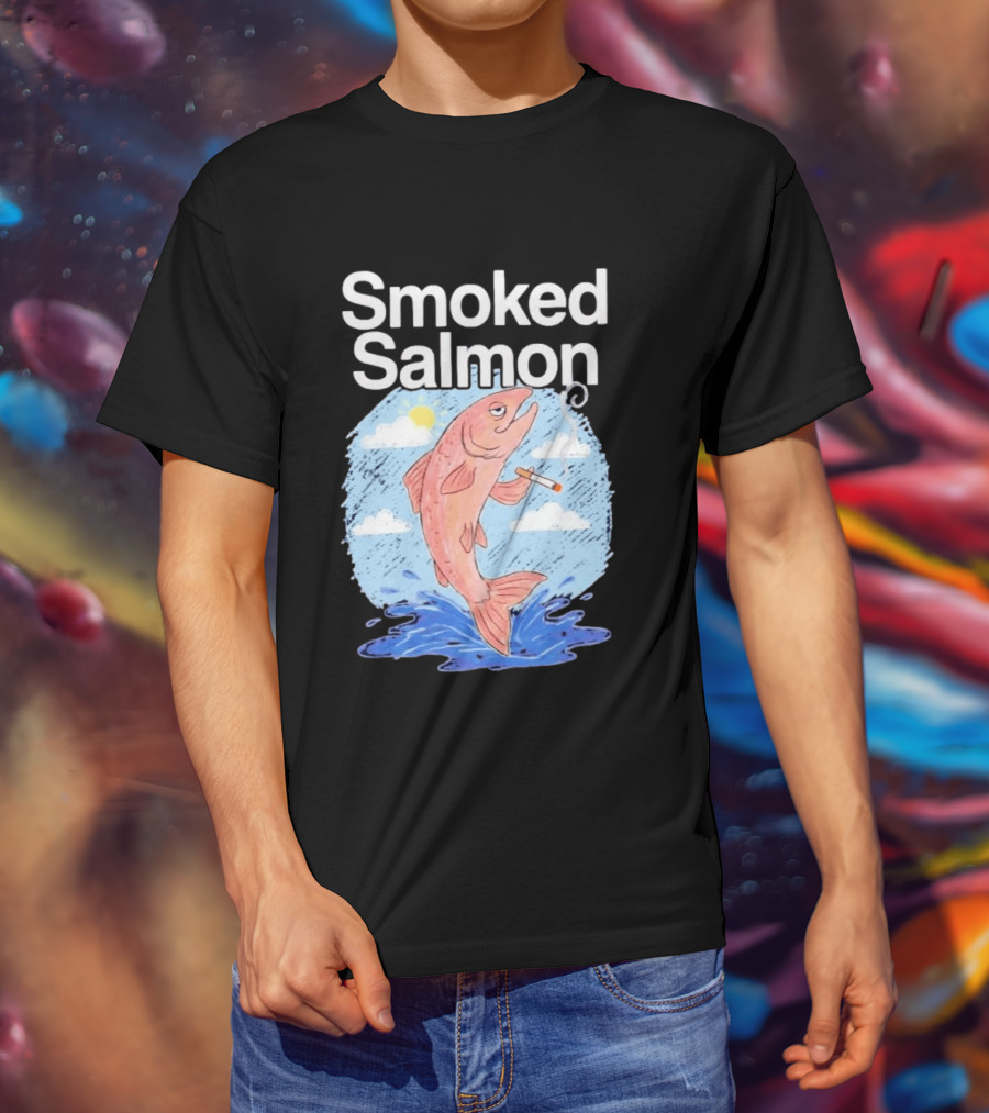 Smoked Salmon Smoking Fish Humorous Cartoon Design With Cloud And Water T-Shirt