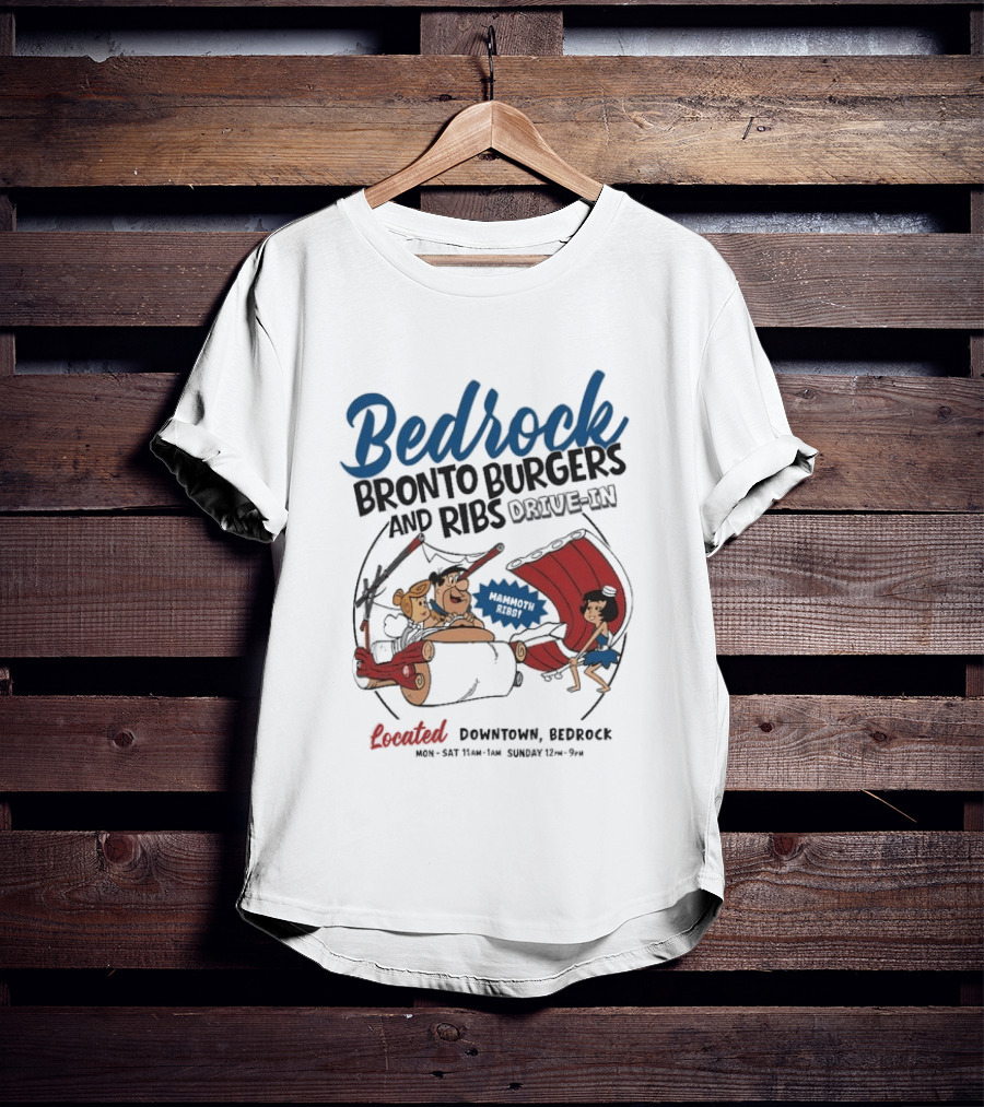 Bedrock Bronto Burgers And Ribs Drive In Downtown Bedrock Fred Flintstone Car And Dino Ribs T-Shirt