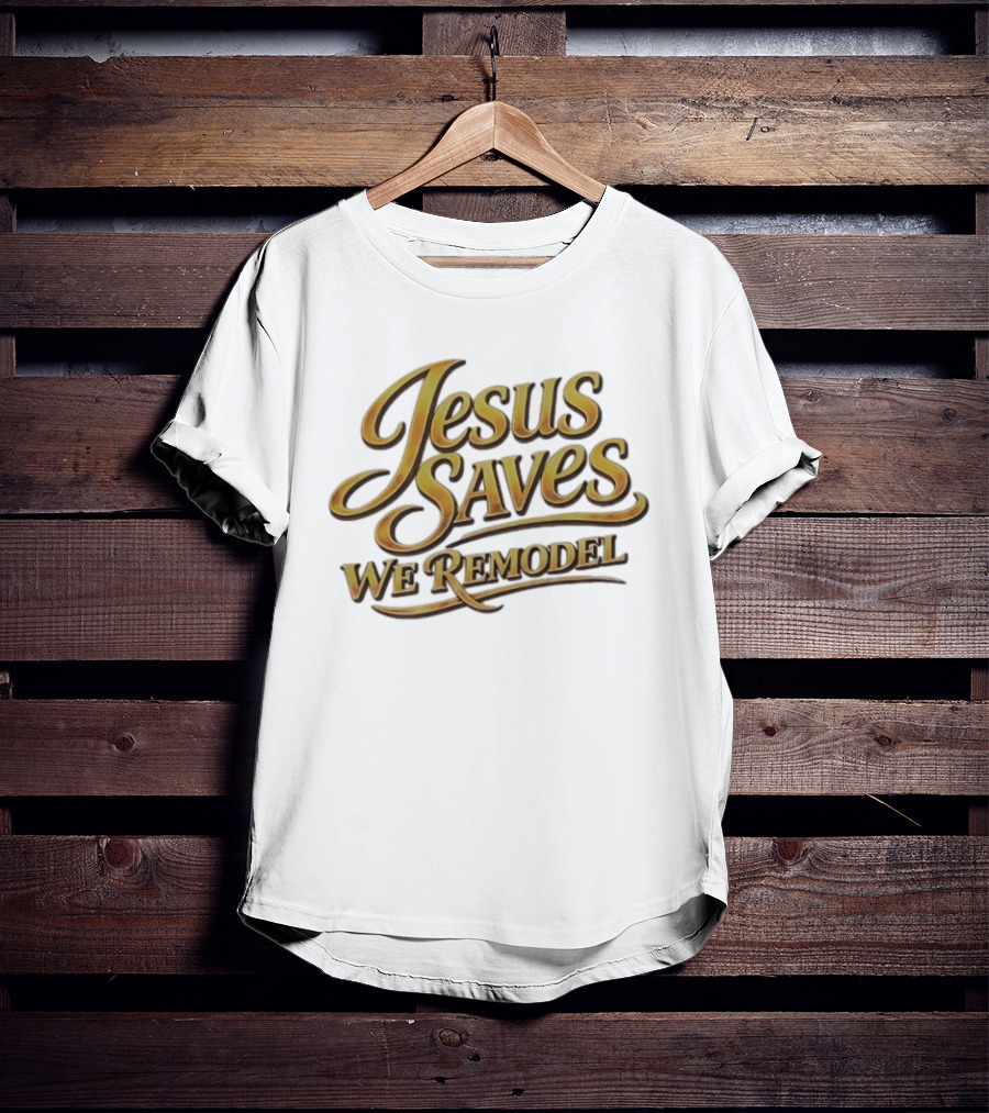 Jesus Saves We Remodel Bold Gold Christian Inspirational Phrase T-Shirt