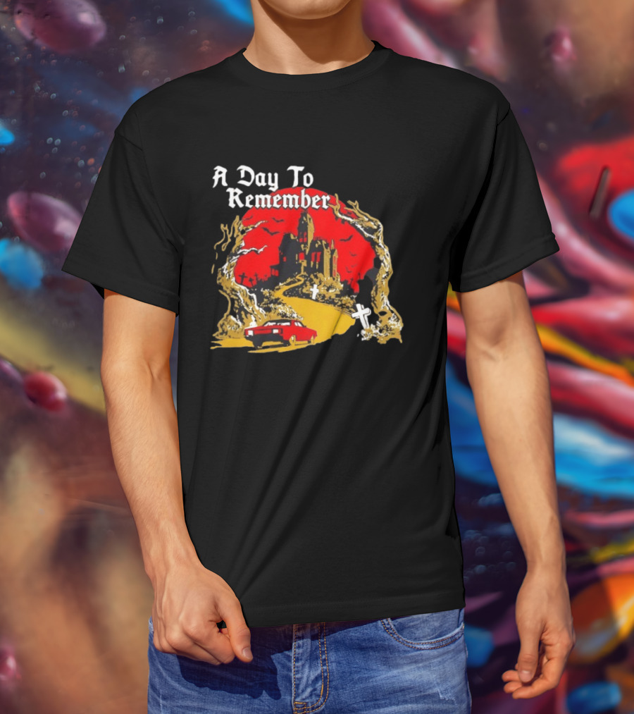 A Day To Remember Haunted House Red Car Cemetery Scene T-Shirt