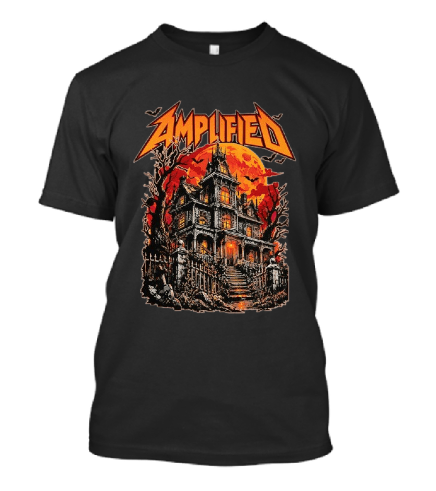 Amplified Haunted House Creepy Mansion With Eerie Full Moon And Dark Trees T-Shirt