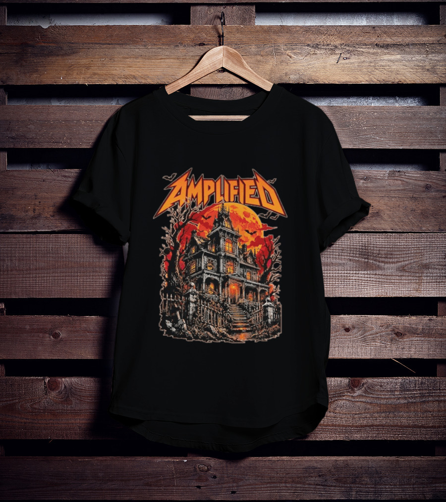 Amplified Haunted House Creepy Mansion With Eerie Full Moon And Dark Trees T-Shirt