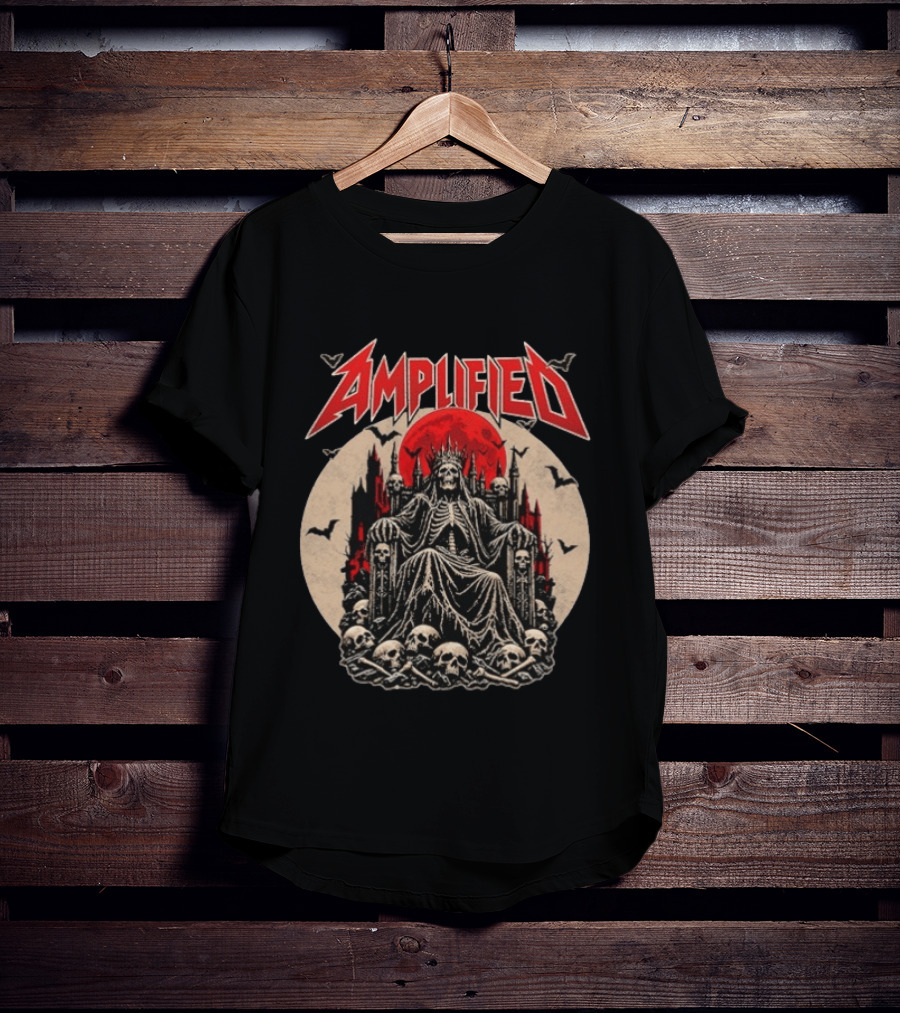 Amplified King Of Skulls Throne Undead Bats Gothic Red Moon T-Shirt