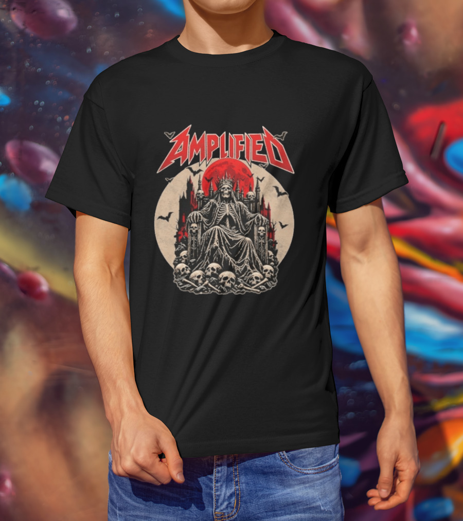 Amplified King Of Skulls Throne Undead Bats Gothic Red Moon T-Shirt