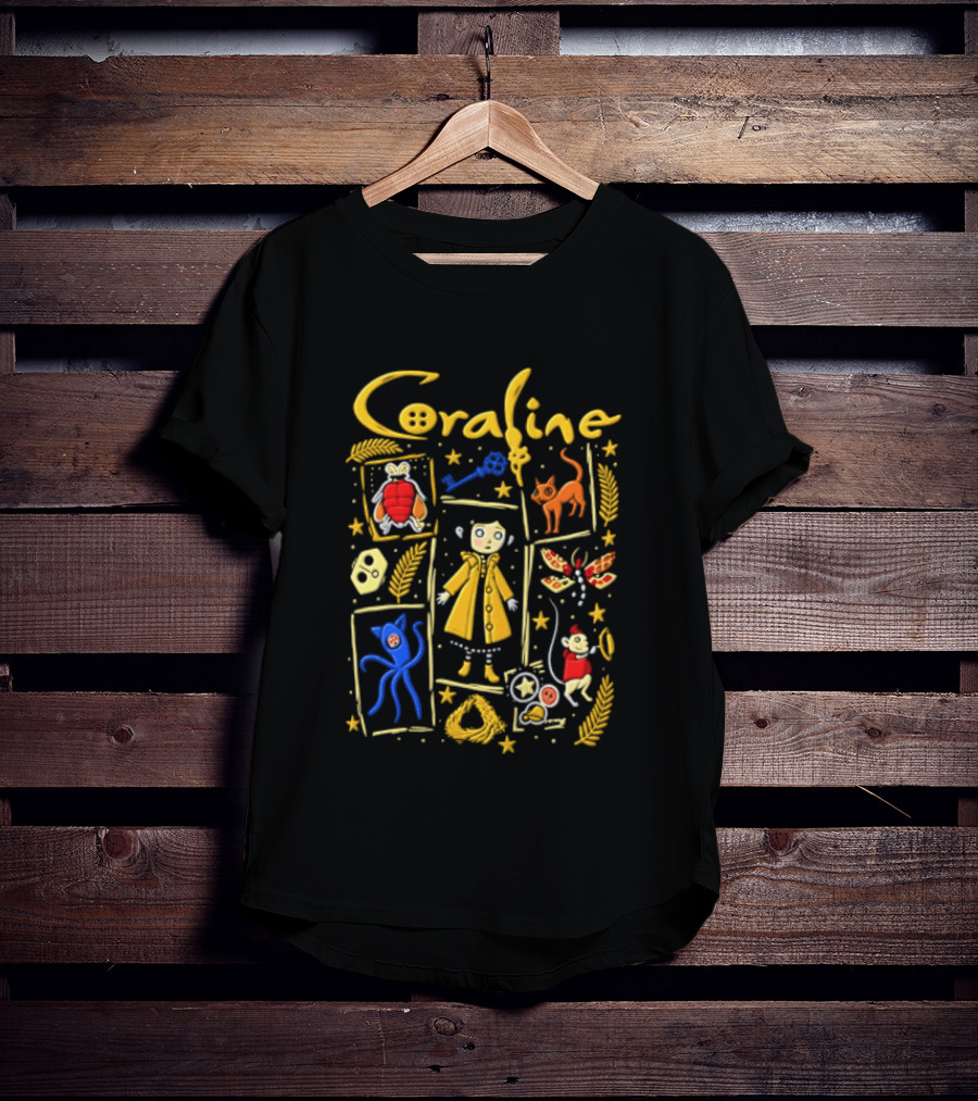 Coraline Characters Key Yellow Coat Cat Other Mother Neil Gaiman T-Shirt