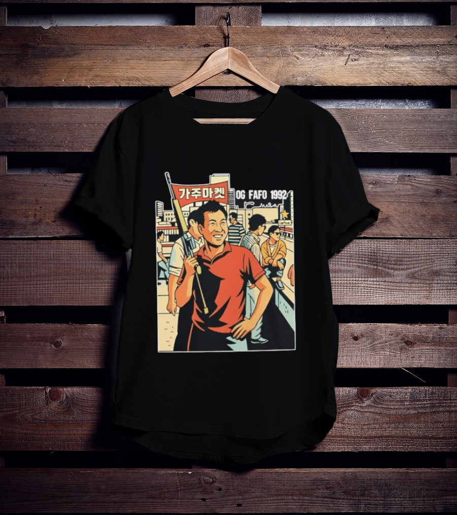 OG FAFO 1992 Rooftop Koreans Cartoon Characters Holding Flag And Rifle Urban Rooftop Scene T-Shirt