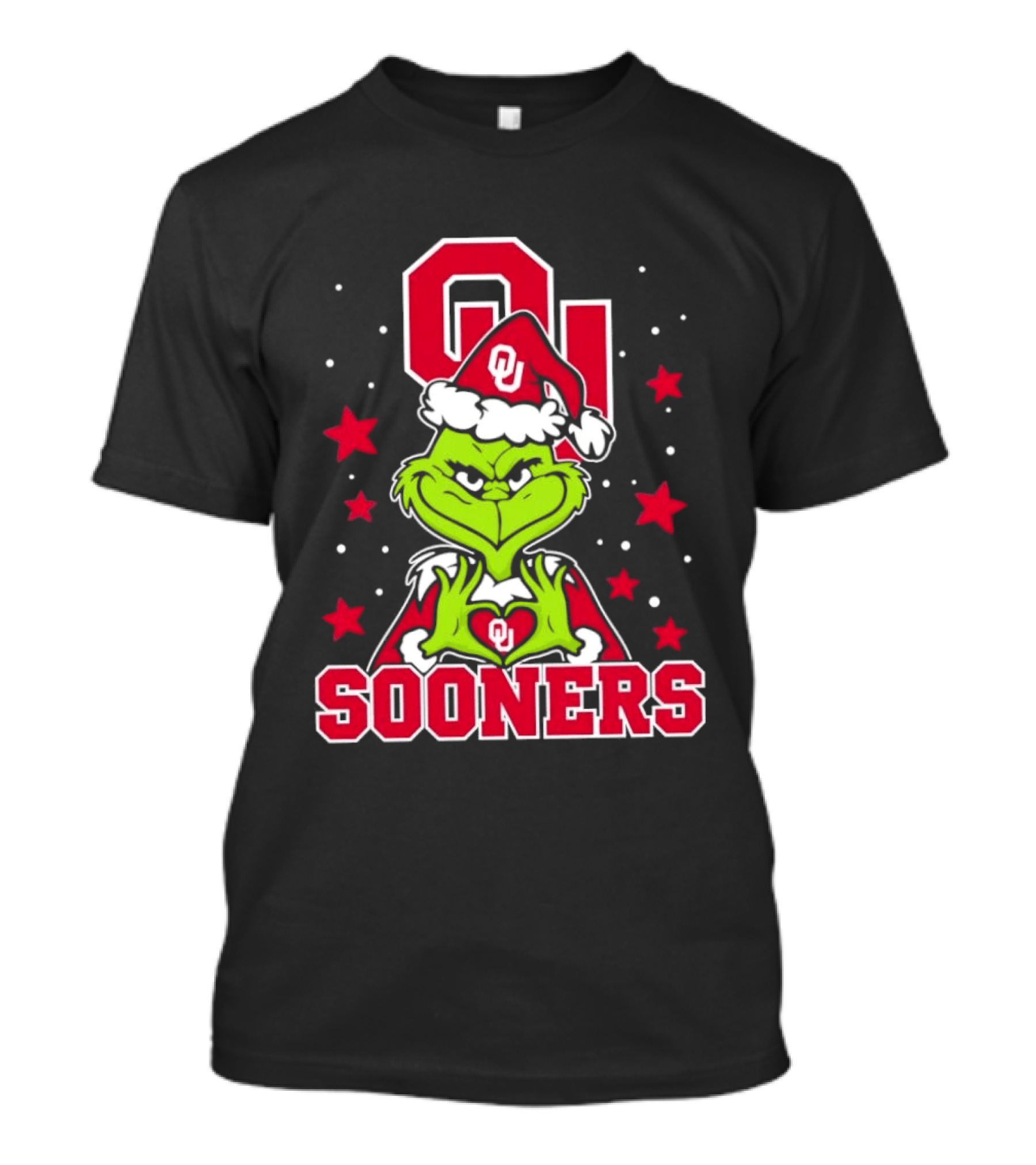 Oklahoma Sooners Grinch Christmas Heart Hands OU Santa Hat T-Shirt