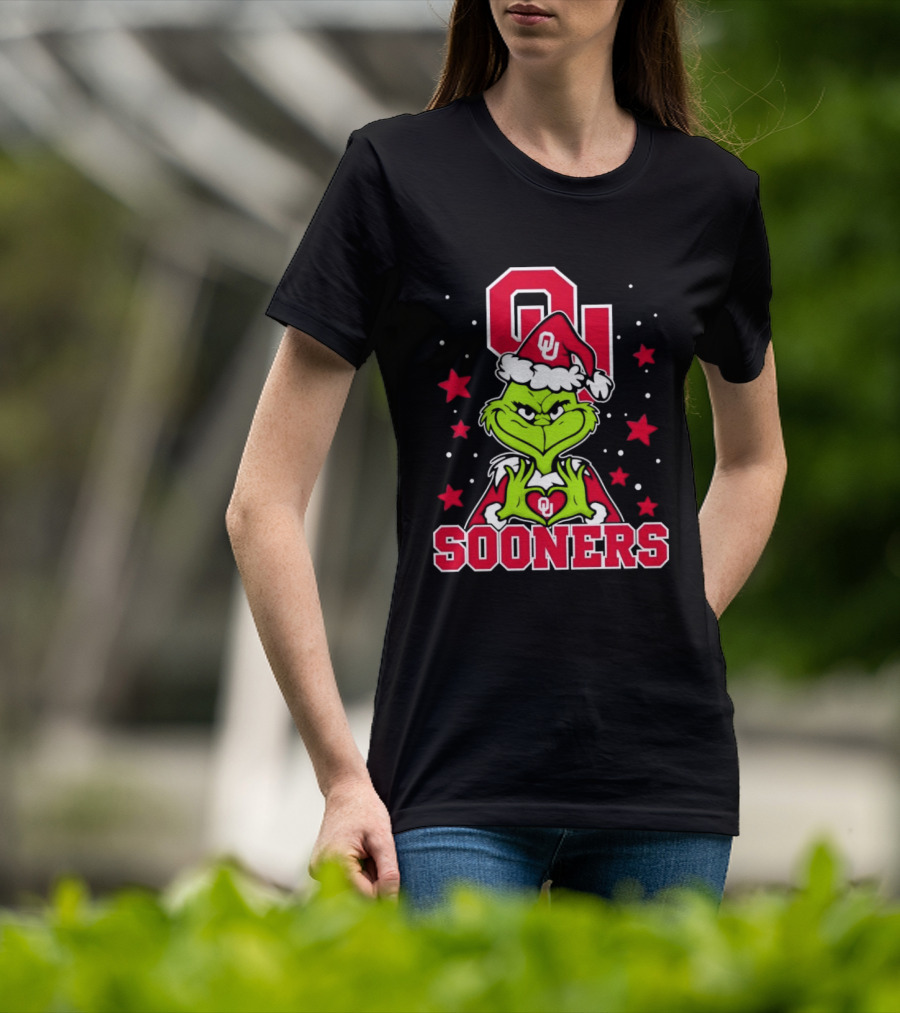 Oklahoma Sooners Grinch Christmas Heart Hands OU Santa Hat T-Shirt