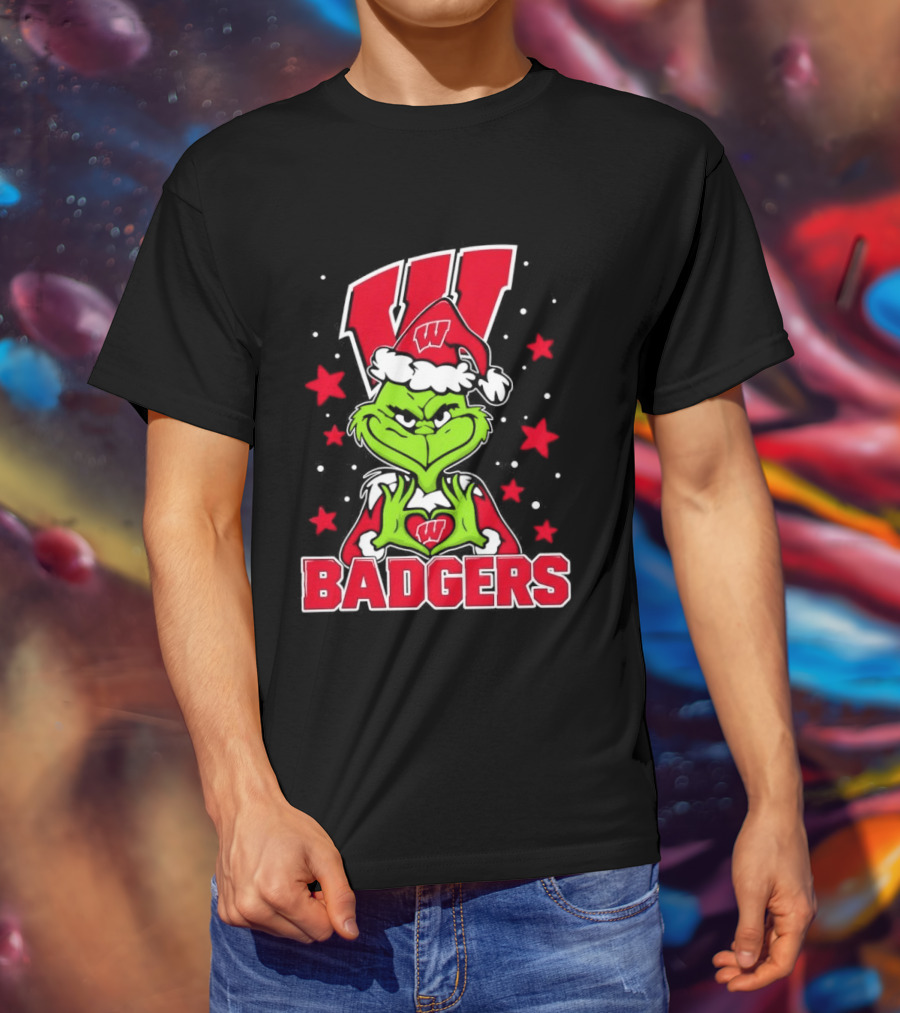 Grinch Wearing Wisconsin Badgers Hat Christmas Sports Fan T-Shirt