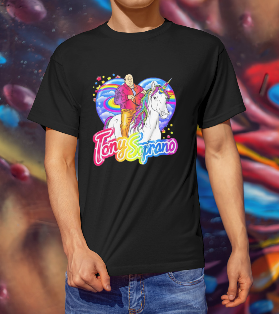 Tony Soprano Riding Rainbow Unicorn With Heart And Stars T-Shirt
