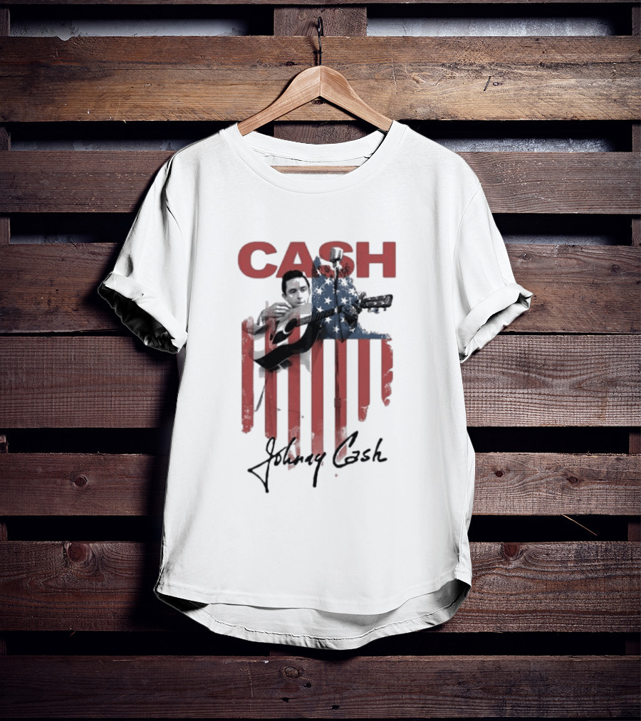 Johnny Cash American Flag Red Guitar Microphone T-Shirt