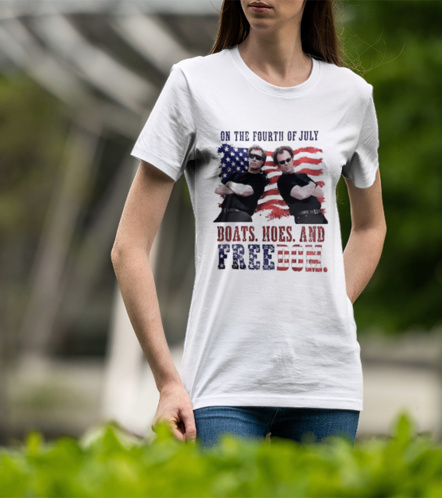 On The Fourth Of July Boats Hoes And Freedom Step Brothers American Flag T-Shirt