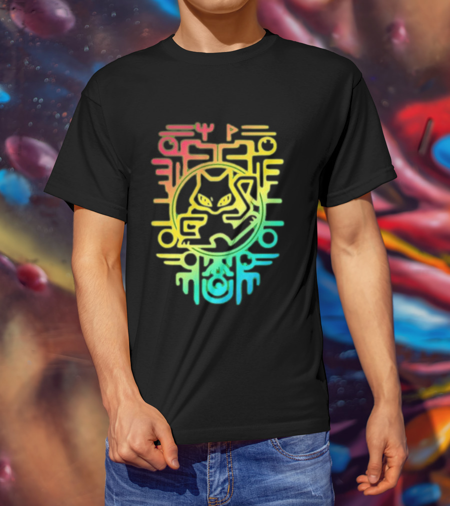 Og Ancient Mew And Mewtwo Pokemon Holographic Hieroglyphic T-Shirt