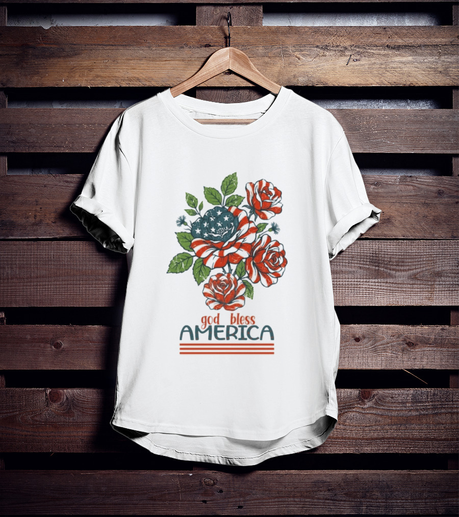 Patriotic Floral God Bless America Roses With Red White Blue Stripes T-Shirt