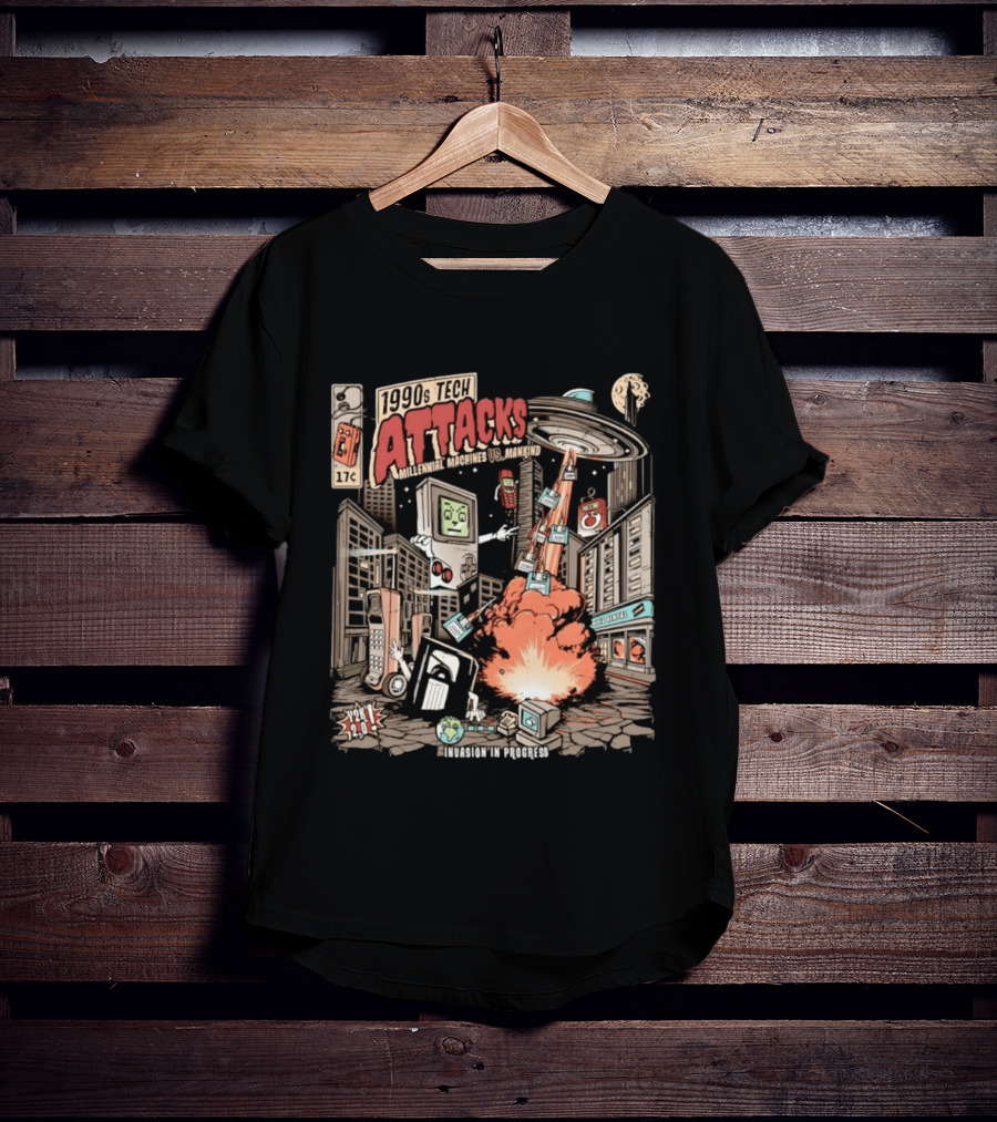 1990s Tech Attacks Millennial Machines Vs Mankind Invasion In Progress Y2K 2.0 T-Shirt