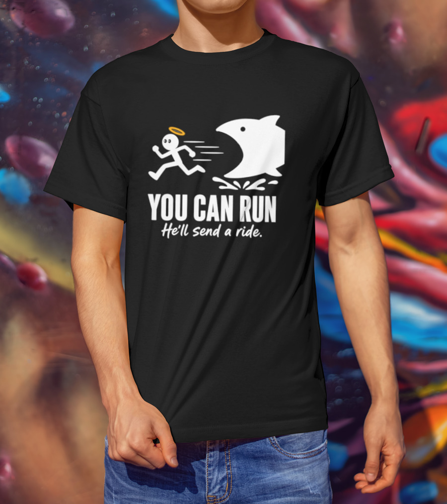 Angel Fleeing Shark You Can Run He'll Send A Ride Humor T-Shirt