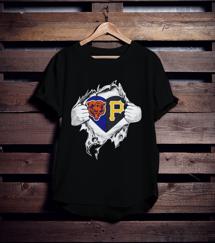Chicago Bears Pittsburgh Pirates Heart Ripped Open Dual Team Loyalty T-Shirt