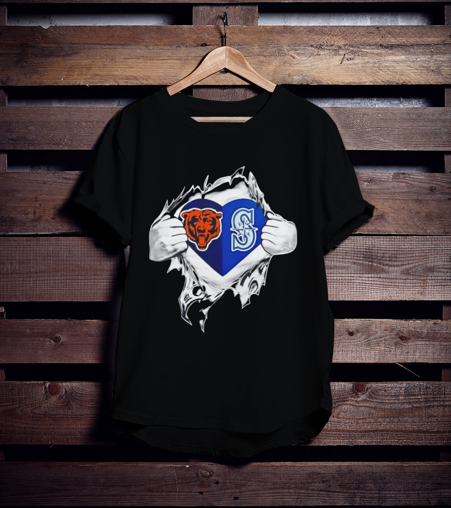 Chicago Bears Seattle Mariners Heart Ripping Through Chest Sports Fan T-Shirt