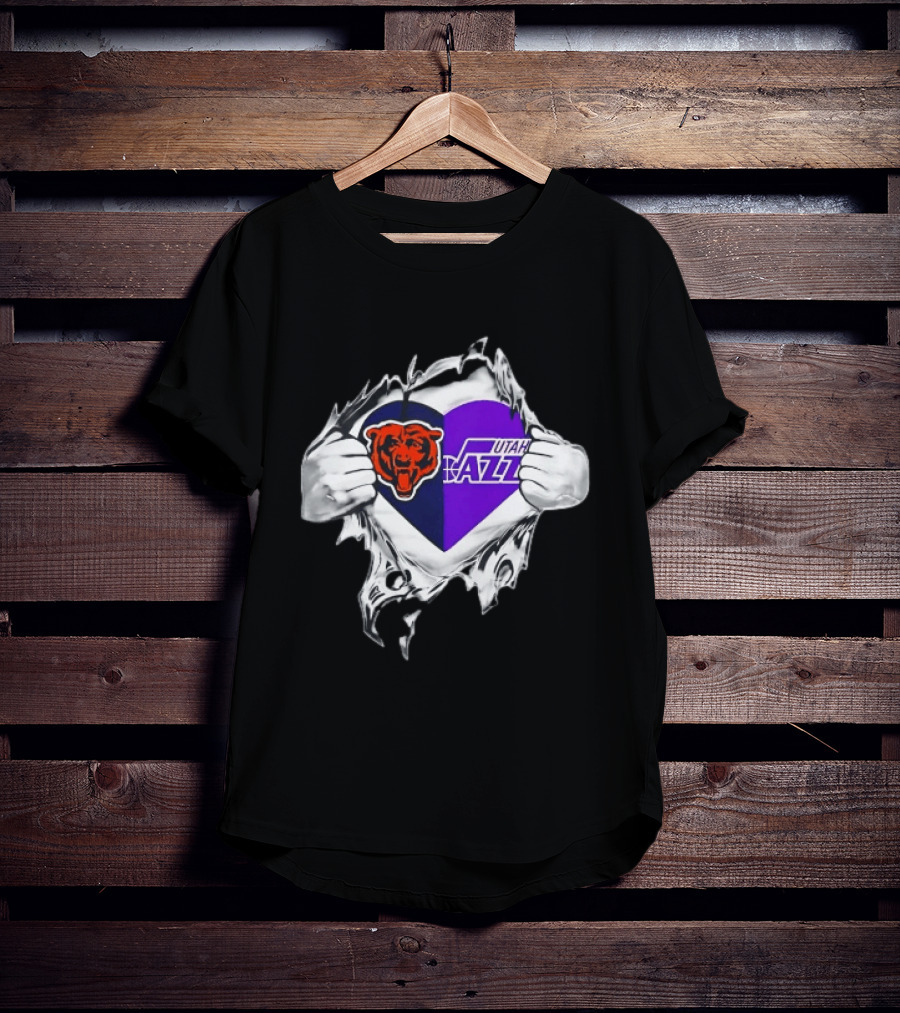 Heart Split Chicago Bears Utah Jazz Team Logos T-Shirt