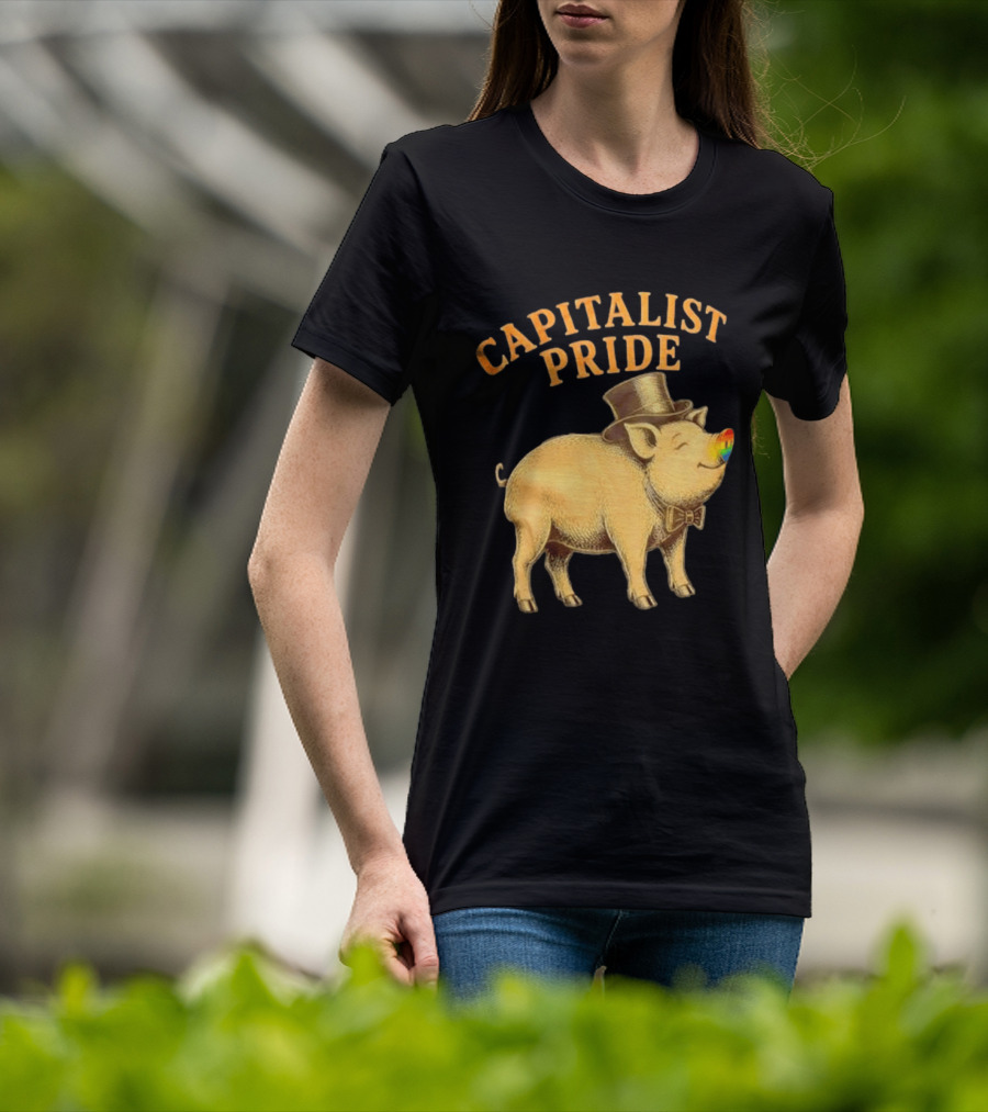 Capitalist Pride Pig With Rainbow Nose And Top Hat Bow Tie T-Shirt