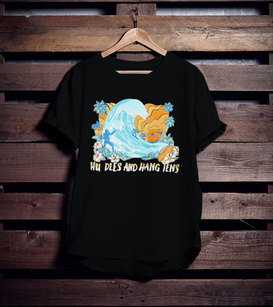 Los Angeles Chargers Tommy Bahama Huddle And Hang Tens Tropical Wave Football Scene T-Shirt