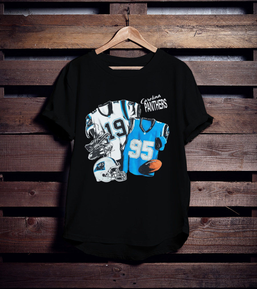 Carolina Panthers 19 95 Jerseys And Helmet With Football T-Shirt