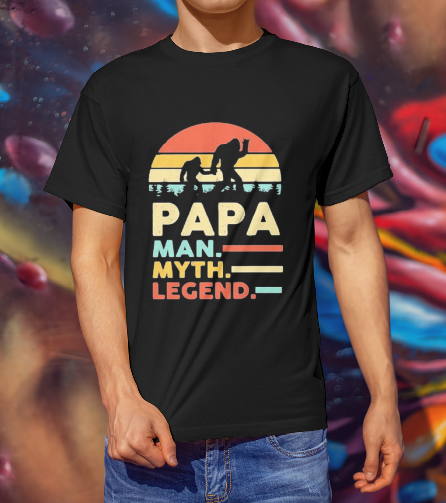 Papa Man Myth Legend Bigfoot Retro Sunset T-Shirt