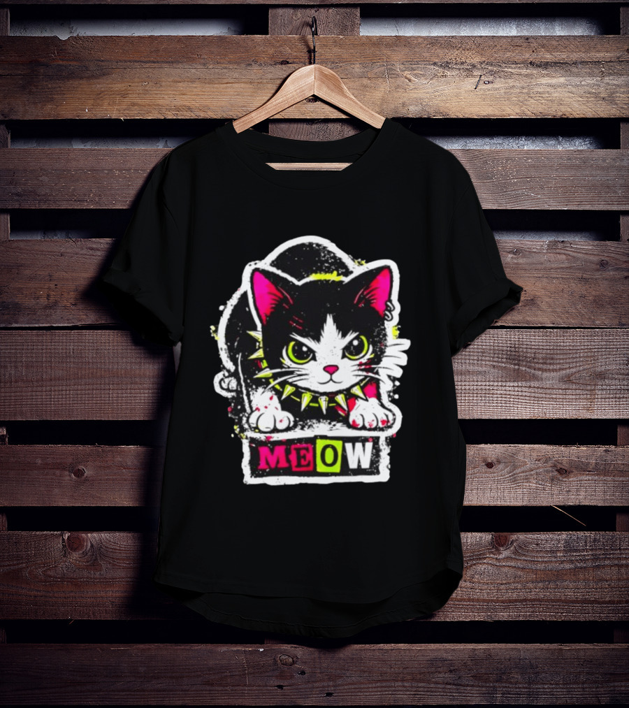 Punk Rock Cat Studded Collar Meow For Music Fans And Cat Lovers T-Shirt