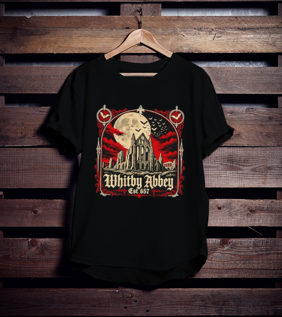Whitby Abbey Gothic North Yorkshire England Est 657 Moon Bats T-Shirt