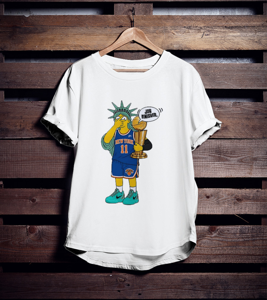 Statue Of Liberty Simpsons Jalen Brunson Hug Trophy New York Knicks Job Finished 2026 NBA Championship T-Shirt
