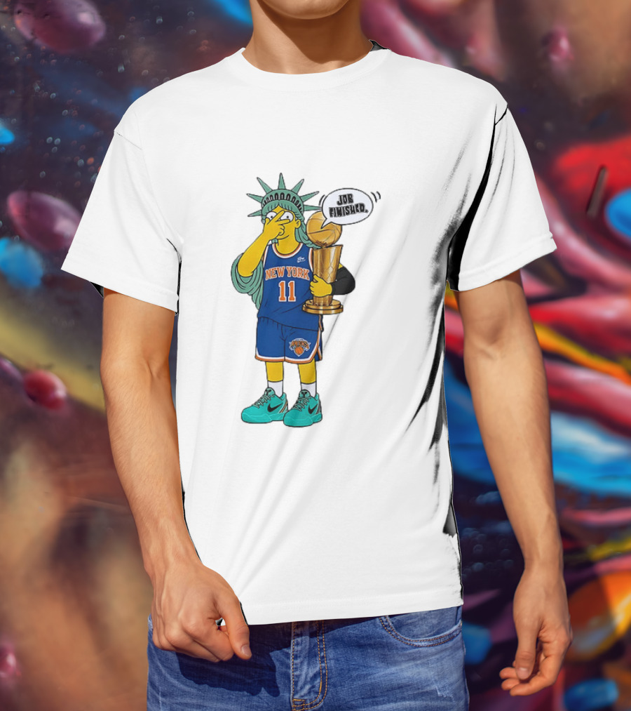 Statue Of Liberty Simpsons Jalen Brunson Hug Trophy New York Knicks Job Finished 2026 NBA Championship T-Shirt