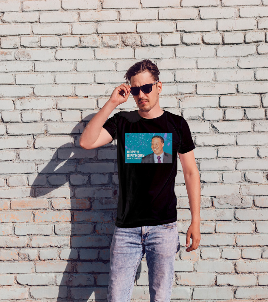 Happy 57th Birthday Eric Collins Celebration With Smiling Man And Turquoise Hexagonal T-Shirt