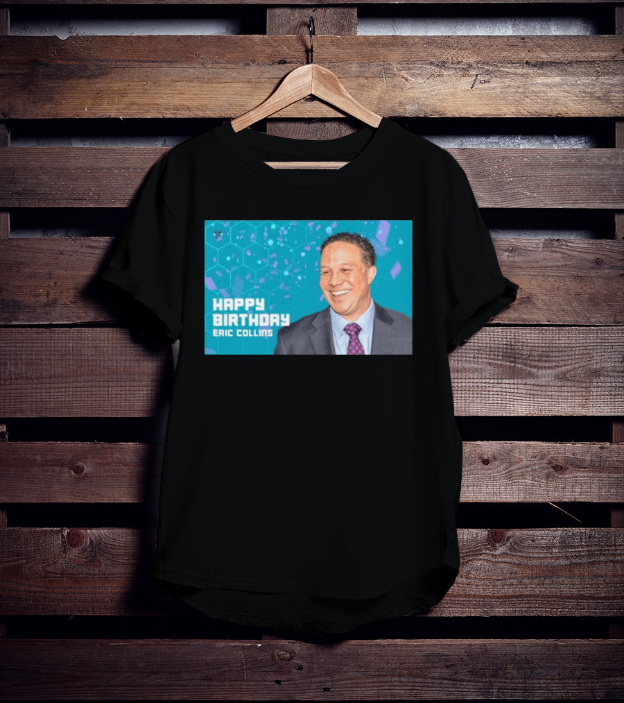 Happy 57th Birthday Eric Collins Celebration With Smiling Man And Turquoise Hexagonal T-Shirt