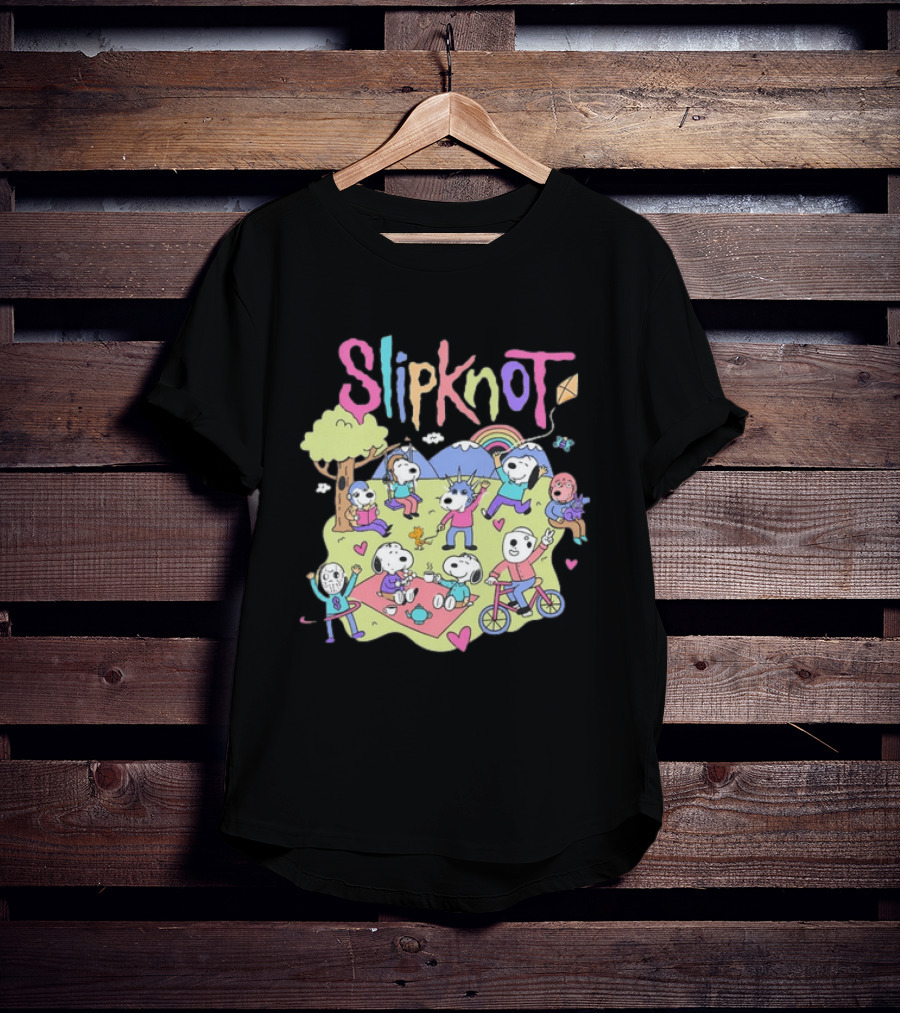 Snoopy Peanuts Characters Playing In Park With Slipknot T-Shirt