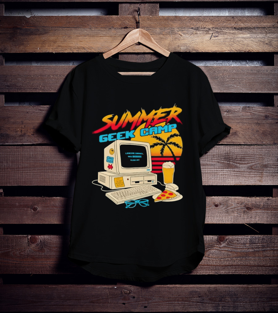 Summer Geek Camp Retro Computer Pizza And Palm Vibes T-Shirt