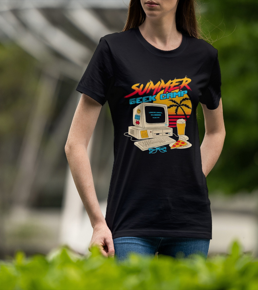 Summer Geek Camp Retro Computer Pizza And Palm Vibes T-Shirt