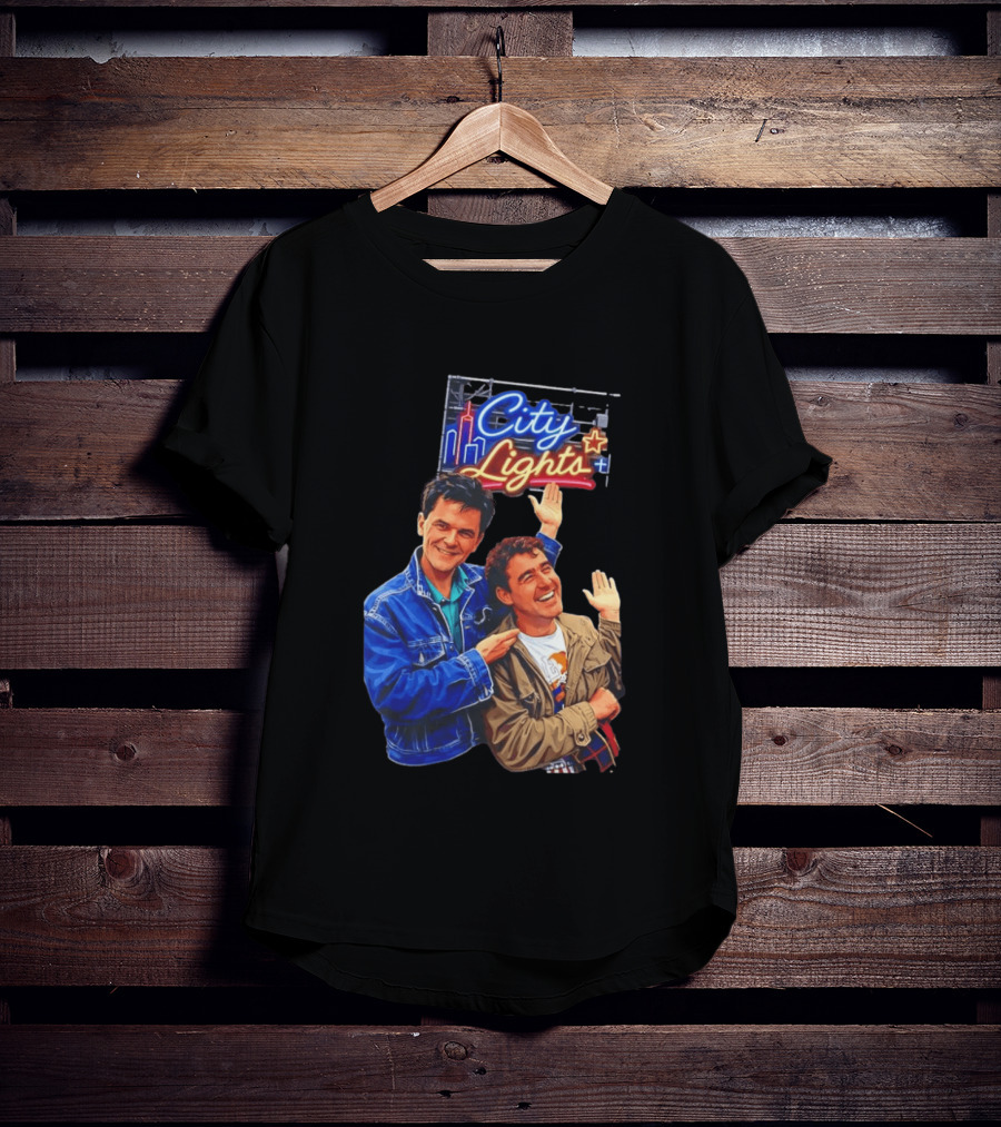 Two Men Smiling And Waving City Lights Neon Sign T-Shirt